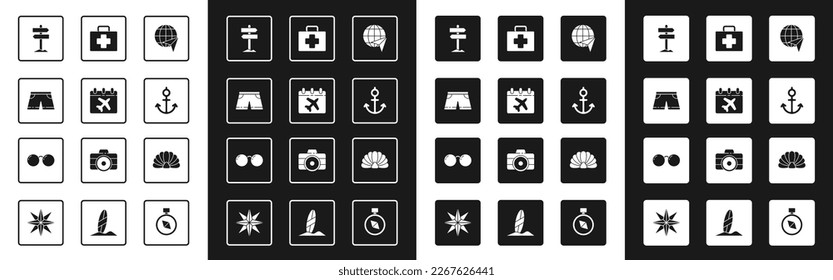 Set Globe with flying plane, Calendar and airplane, Swimming trunks, Road traffic signpost, Anchor, First aid kit, Scallop sea shell and Glasses icon. Vector