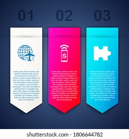 Establece Globe con avión volador, pago sin contacto y pieza de rompecabezas. Plantilla de infografía de negocios. Vector.