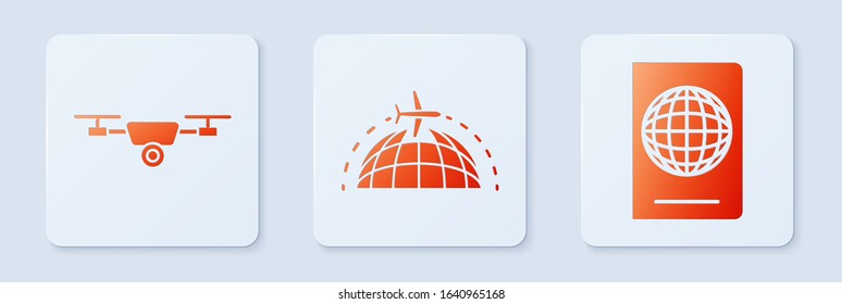 Set Globe with flying plane, Drone flying with action video camera and Passport with biometric data. White square button. Vector