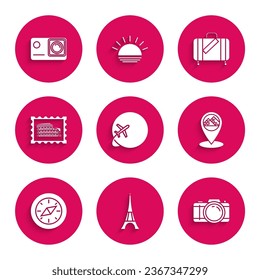 Set Globe with flying plane, Eiffel tower, Photo camera, Map pointer Egypt pyramids, Compass, Postal stamp and Coliseum, Suitcase for travel stickers and Action extreme icon. Vector