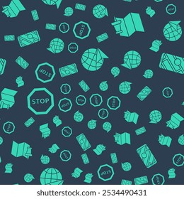 Set Globe with flying plane, Folded map with push pin, Stop sign and City map navigation on seamless pattern. Vector