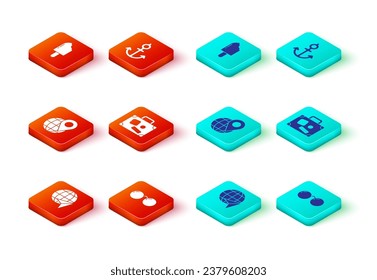 Set Globe with flying plane, Glasses, Location on the globe, Suitcase, Anchor and Ice cream icon. Vector