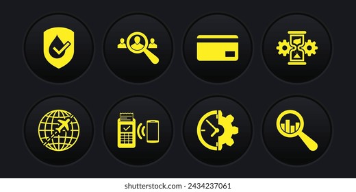 Set Globe with flying plane, Hourglass and gear, POS terminal, Clock, Credit card and Magnifying for search people icon. Vector