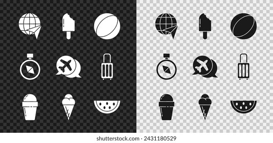 Set Globe with flying plane, Ice cream, Beach ball, waffle cone, Watermelon, Compass and Speech bubble airplane icon. Vector