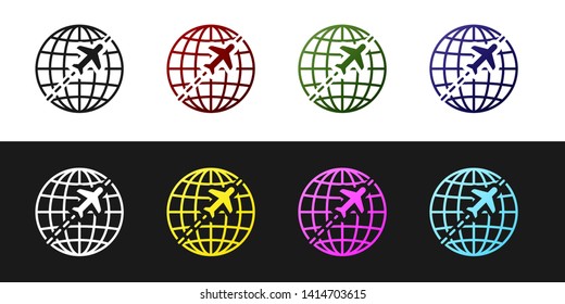 Set Globe with flying plane icon isolated on black and white background. Airplane fly around the planet earth. Aircraft world icon. Vector Illustration