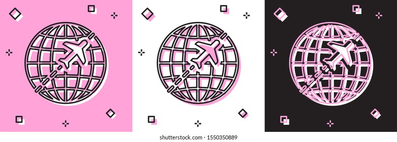 Set Globe with flying plane icon isolated on pink and white, black background. Airplane fly around the planet earth. Aircraft world icon.  Vector Illustration