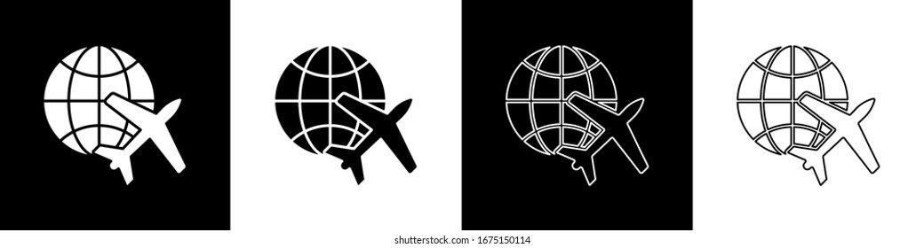 Establecer globo con icono de plano volador aislado en fondo blanco y negro. El avión vuela alrededor del planeta tierra. Icono mundial de la aeronave.  Ilustración vectorial