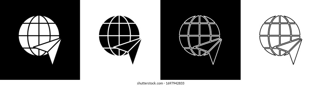 Set Globe with flying plane icon isolated on black and white background. Airplane fly around the planet earth. Aircraft world icon.  Vector Illustration