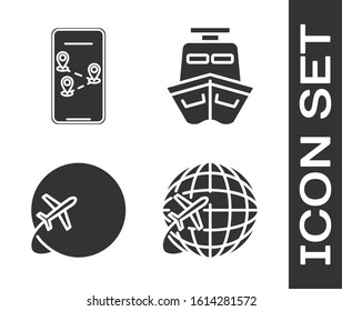 Set Globe with flying plane, Infographic of city map navigation, Globe with flying plane and Ship icon. Vector