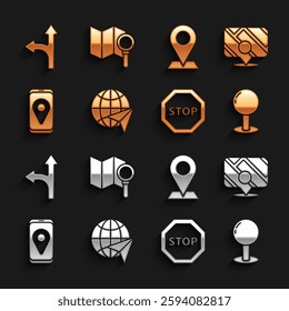 Set Globe with flying plane, Infographic of city map navigation, Push pin, Stop sign, City, Location, Road traffic and Search location icon. Vector