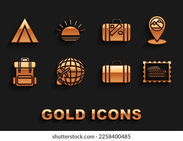 Set Globe with flying plane, Map pointer mountain, Postal stamp and Coliseum, Suitcase for travel, Hiking backpack, stickers, Tourist tent and Sunset icon. Vector