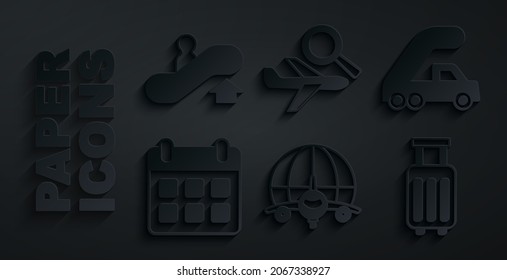 Set Globe with flying plane, Passenger ladder for boarding, Calendar and airplane, Suitcase, Airplane search and Escalator up icon. Vector