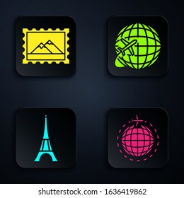 Set Globe with flying plane, Postal stamp and Mountains, Eiffel tower and Globe with flying plane. Black square button. Vector