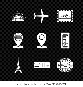 Set Globe with flying plane, Plane, Postal stamp and Mountains, Eiffel tower, Travel ticket, Airline, Map pointer Coliseum Rome, Italy and pin icon. Vector