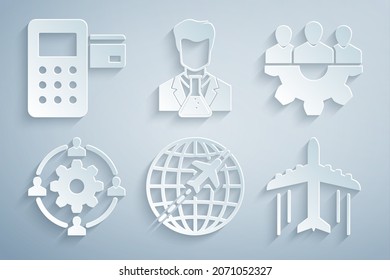 Set Globe with flying plane, Project team base, Outsourcing concept, Plane, Scientist and test tube and Pos terminal icon. Vector