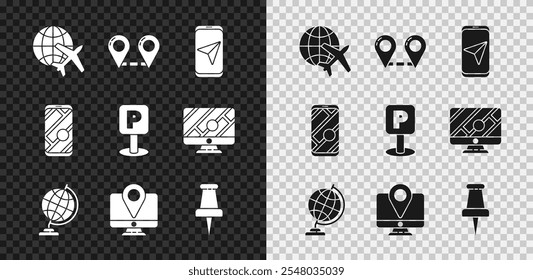 Set Globe with flying plane, Route location, City map navigation, Earth globe, Monitor marker, Push pin,  and Parking icon. Vector