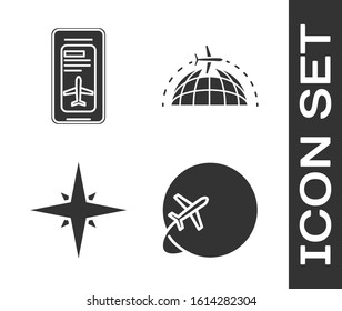 Set Globe with flying plane, Smartphone with electronic boarding pass airline ticket, Wind rose and Globe with flying plane icon. Vector