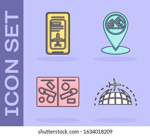 Set Globe with flying plane, Smartphone with electronic boarding pass airline ticket, Passport pages with visa stamps and Map pointer with Egypt pyramids icon. Vector