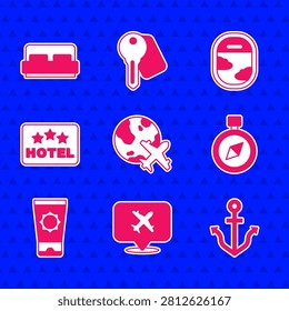 Set Globe with flying plane, Speech bubble airplane, Anchor, Compass, Sunscreen cream tube, Signboard text Hotel, Airplane window and room bed icon. Vector