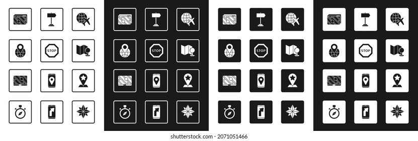 Set Globe mit fliegendem Flugzeug, Stopp-Schild, Position auf dem Globus, Infografik der Stadtplan Navigation, Falten Push-Pin, Straßenverkehr, Karte Zeiger-Stern und City-Symbol. Vektorgrafik