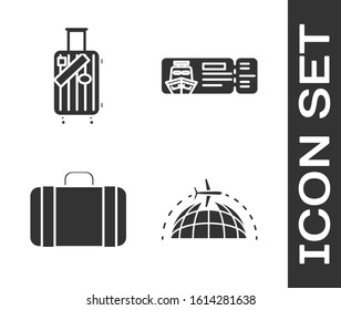 Set Globe with flying plane, Suitcase for travel and stickers, Suitcase for travel and Cruise ticket for traveling by ship icon. Vector