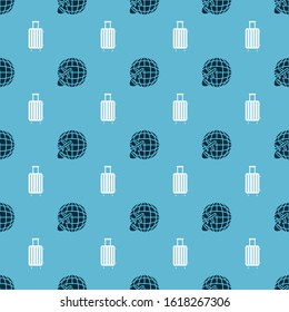Set Globe with flying plane and Suitcase for travel on seamless pattern. Vector