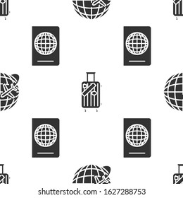 Set Globe with flying plane, Suitcase for travel and stickers and Passport with biometric data on seamless pattern. Vector