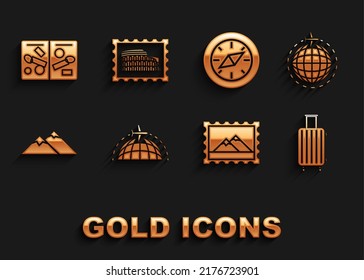 Set Globe with flying plane, Suitcase for travel, Postal stamp and Mountains, Compass, Passport pages visa stamps and Coliseum icon. Vector