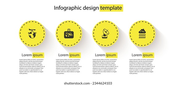 Ponga Globe con avión volador, maleta, radar y lluvia en la nube. Plantilla de infografía empresarial. Vector