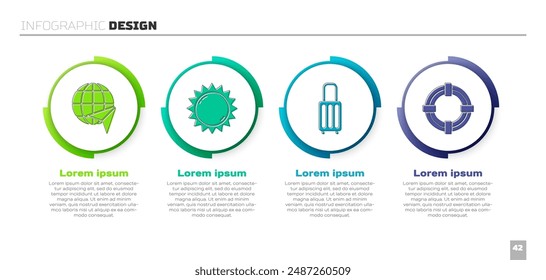 Set Globe con avión volador, Sol, Maleta y Lifebuoy. Plantilla de infografía de negocios. Vector