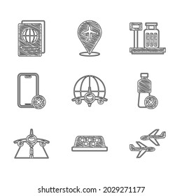 Set Globe with flying plane, Taxi car roof, Plane, No water bottle, cell phone, Scale suitcase and Passport icon. Vector