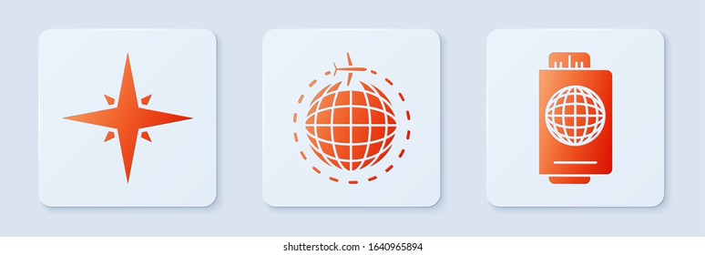 Set Globe with flying plane, Wind rose and Passport with ticket. White square button. Vector
