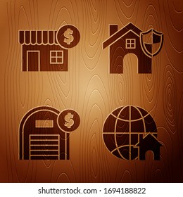 Set Globe mit Häusensymbol, Haus mit Dollarsymbol, Lager mit Dollarsymbol und Haus mit Schild auf Holzhintergrund. Vektorillustration