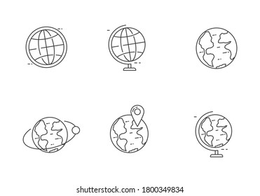 Set von Globus-Symbol im Zeilenstil. Globe und Erdkonzept, Vektorgrafik einzeln auf weißem Hintergrund 