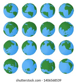 Set of globe icons with different countries and oceans in simple flat cartoon style as concept of travel geography