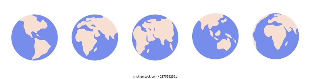 Set of globe icons from different sides in flat style for print and design. Vector illustration.