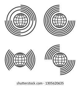 conjunto de iconos del globo terráqueo, conexión a Internet, conexión con otros mundos y civilizaciones