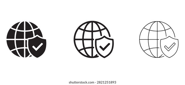 Set of globe icons with security shield and checkmark symbols representing online safety and verification concepts