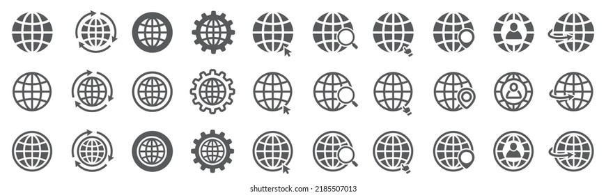 Set of globe icons. World globe, world wide web. Earth symbol, planet icon. Map planet, internet globe, travel. Vector illustration.