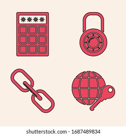Set Globe key , Password protection and safety access , Safe combination lock wheel  and Chain link  icon. Vector