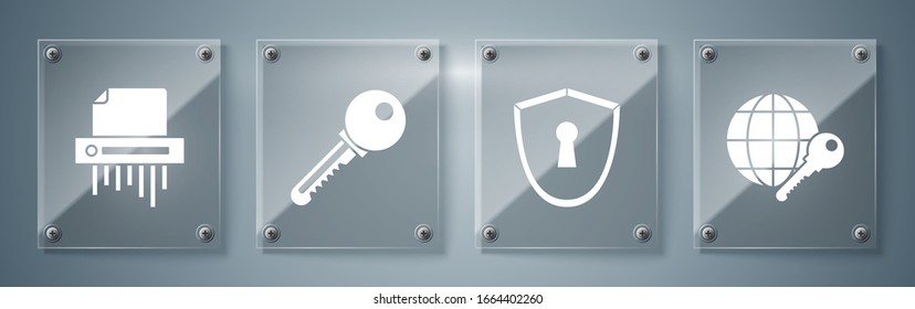 Set Globe key , Shield with keyhole , Key  and Paper shredder confidential. Square glass panels. Vector