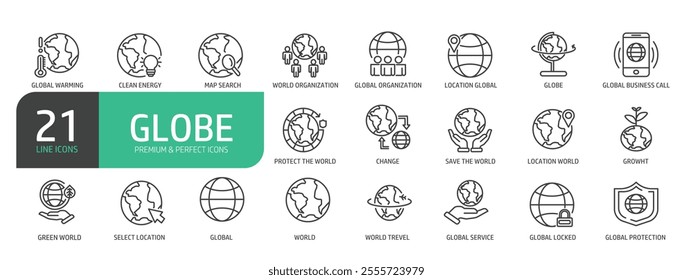 Set of globe line icons. Collection of Planet Earth, Globe, Global Business, Climate Change, Travel, Environmental Conservation, and more.