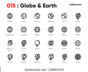 Set of Globe Line Unified Icons. Includes World, Earth, Planet, Europe, Asia, America and other. Pixel Perfect. Editable Stroke.