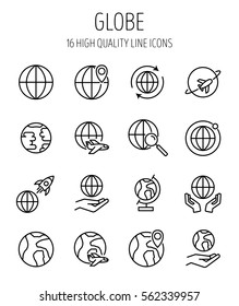 Set of globe in modern thin line style. High quality black outline earth symbols for web site design and mobile apps. Simple globe pictograms on a white background.