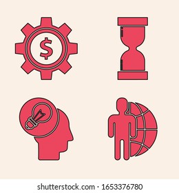 Set Globe and people, Gear con el símbolo del dólar, Old hourglass con arena flotante y cabeza humana con icono de lámpara. Vector