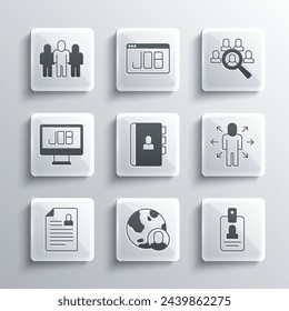 Set Globe and people, Identification badge, Multitasking manager working, Resume, Search job, Project team base and Magnifying glass for search icon. Vector
