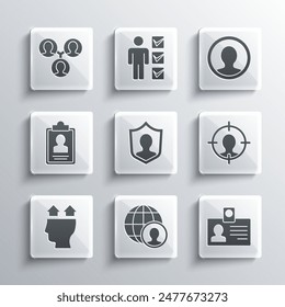 Set Globe and people, Identification badge, Head hunting, User protection, of man, Clipboard with resume, Project team base and Create account screen icon. Vector