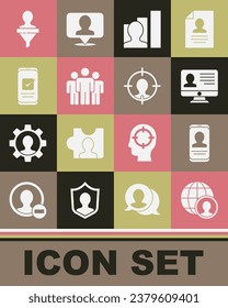 Set Globe and people, Mobile with resume, Monitor, Productive human, Users group, Smartphone, Head hunting and  icon. Vector