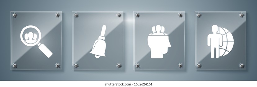 Set Globe and people, Project team base, Ringing bell and Magnifying glass for search a people. Square glass panels. Vector