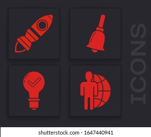Set Globe and people, Rocket ship with fire, Ringing bell and Light bulb and check mark icon. Vector
